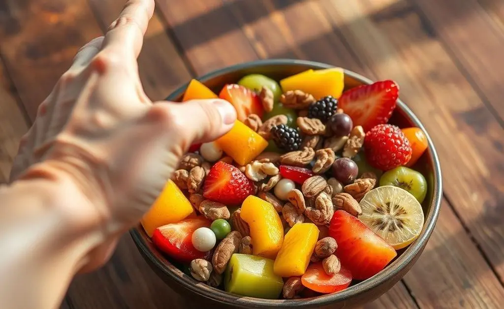 Bowl of mixed fruits and nuts on a wooden table.