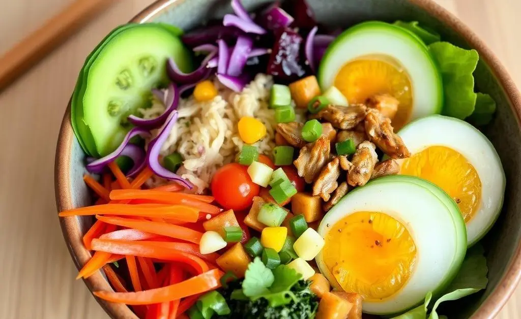 A beautifully arranged homemade meal in a bowl with vibrant ingredients.