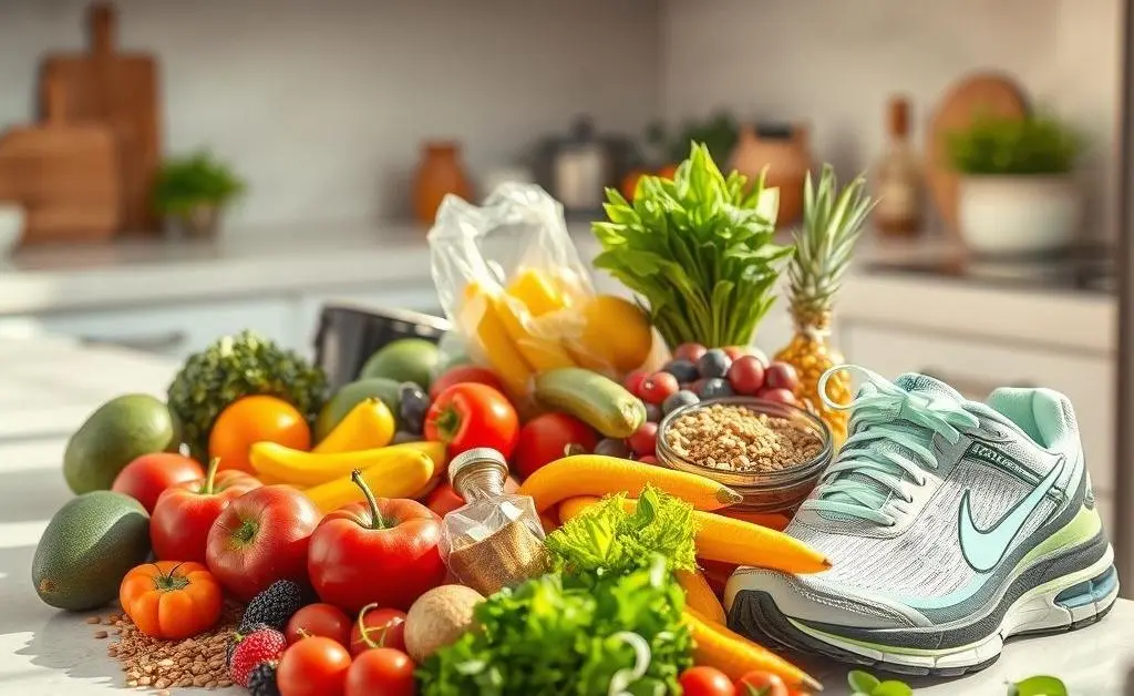 A variety of healthy foods and running shoes symbolizing lifestyle changes