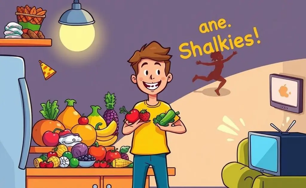 Cartoon of healthy lifestyle choices including food and exercise