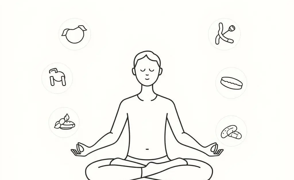 Person meditating surrounded by healthy lifestyle icons.