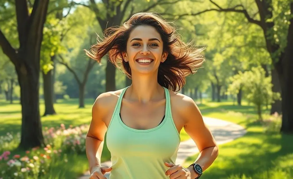 A person enjoying a healthy lifestyle outdoors, jogging in a sunny park.
