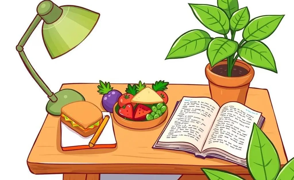 A desk with a healthy lunch, a book, and a plant