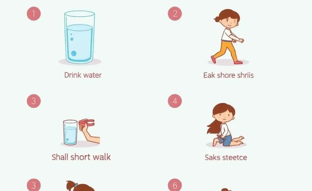 A set of cartoon illustrations showing steps for a healthy daily routine.