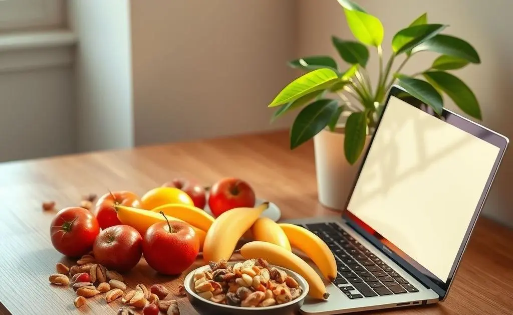 A desk with healthy snacks like fruits and nuts alongside a laptop and a plant