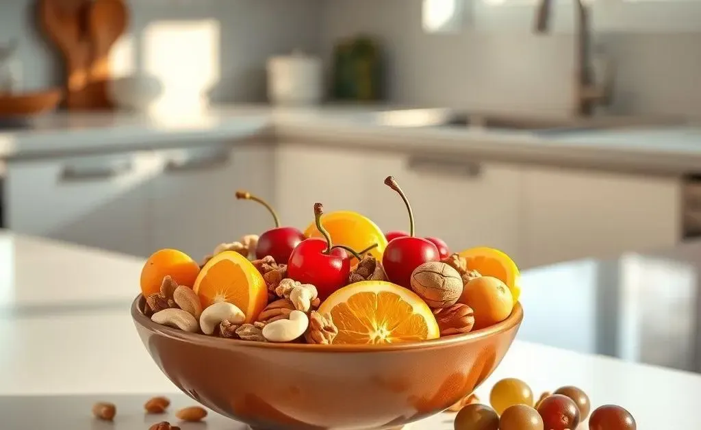 Bowl of mixed nuts and fruits on counter