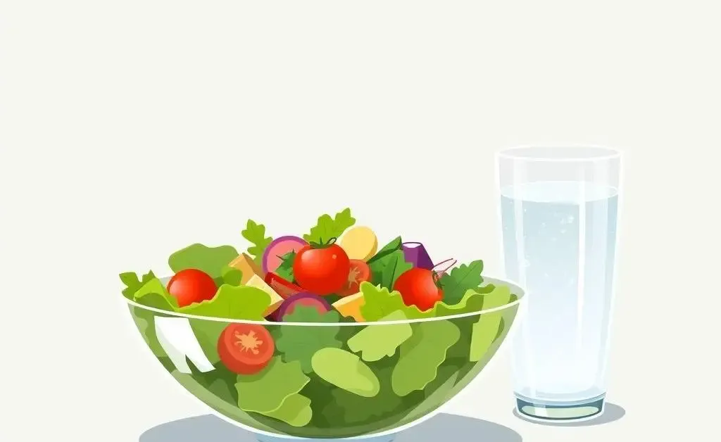 A minimalist illustration of a healthy work lunch with a bowl of salad and a glass of water
