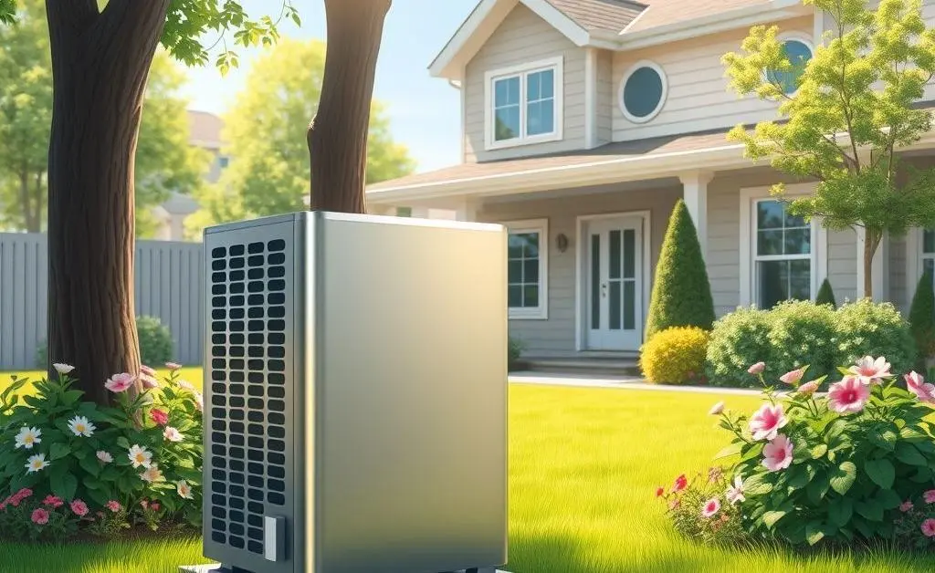 Illustration of a heat pump installed in a backyard.