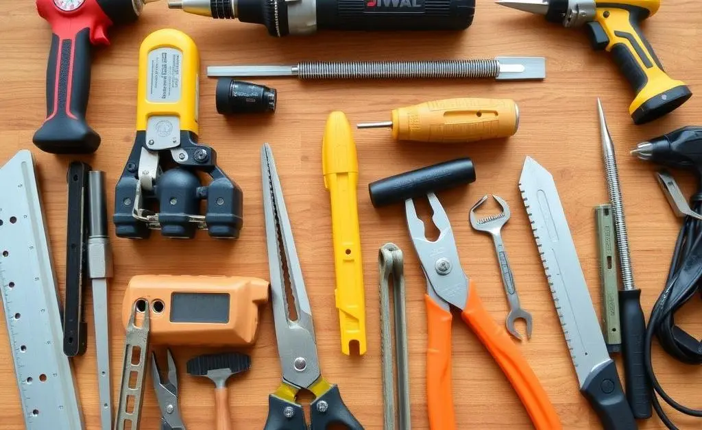 Various home improvement tools on a wooden desk.