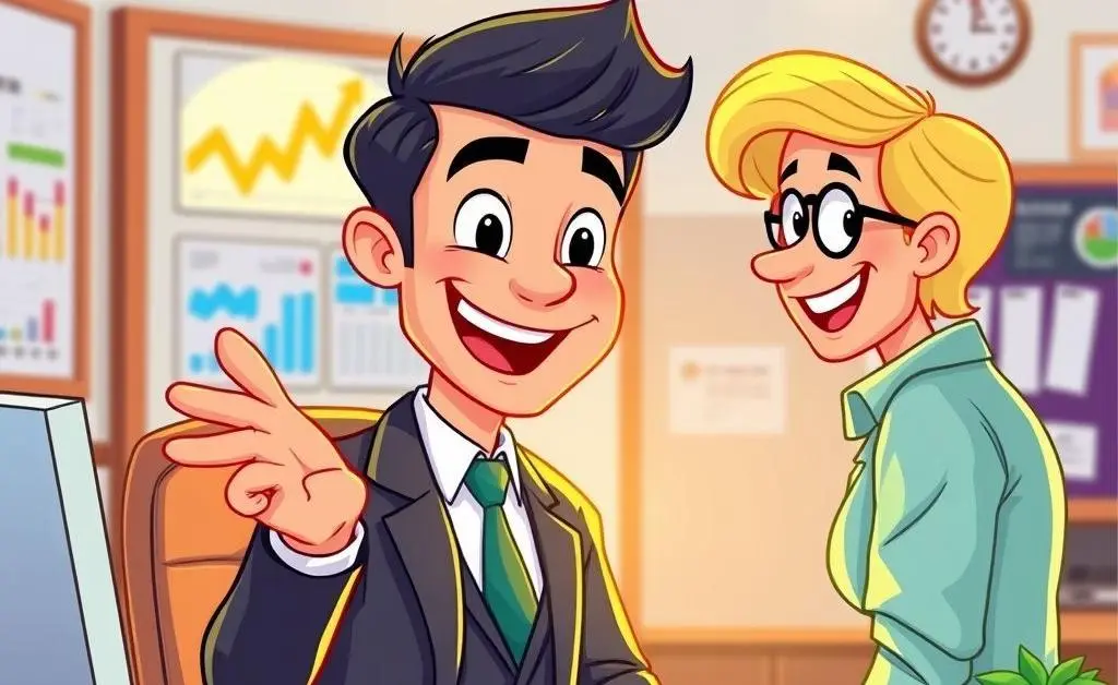 Cartoon-style image of a friendly insurance agent assisting a customer.