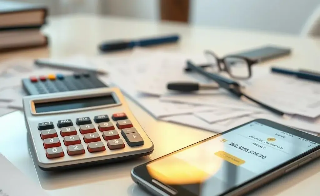 An arrangement of tools and resources used by a loan originator including a calculator and a smartphone