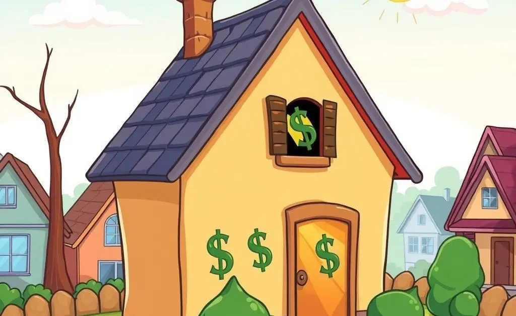 Cartoon depiction of a house with dollar signs hidden inside