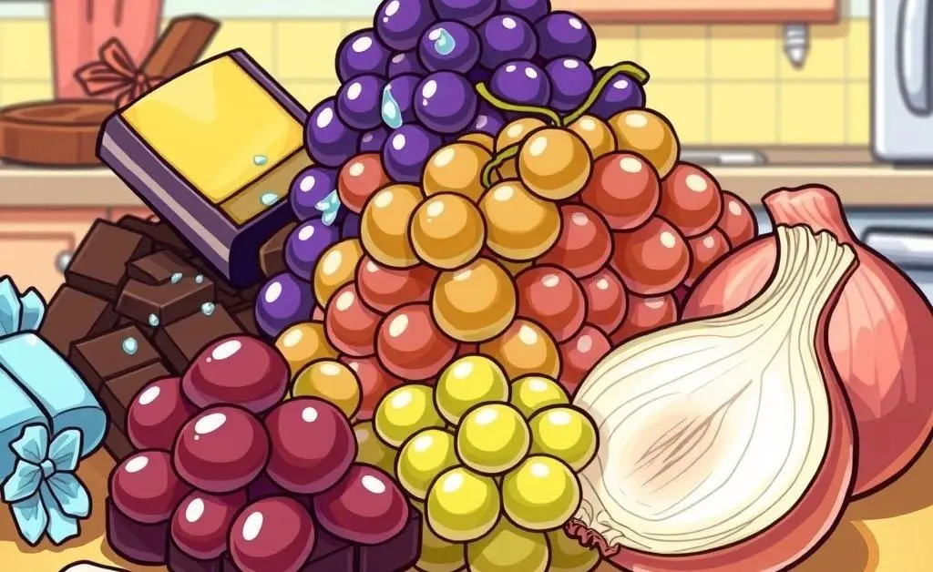 Various typical foods dangerous to dogs, like chocolate and grapes.