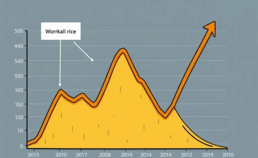 A chart-style cartoon displaying the historical rise and fall of gold prices over a decade.