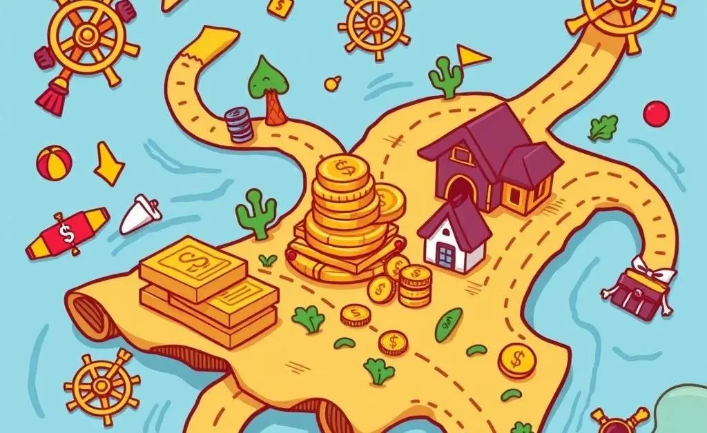 Cartoon depicting treasure map with stocks, bonds, and mutual funds.