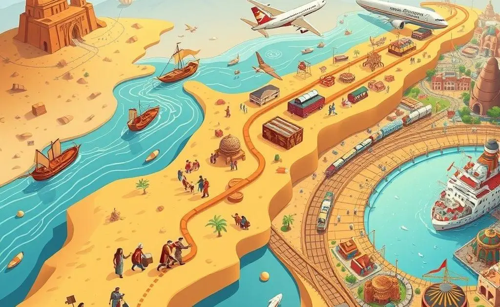 A cartoon representation of trade routes evolving over time, from ancient to modern.