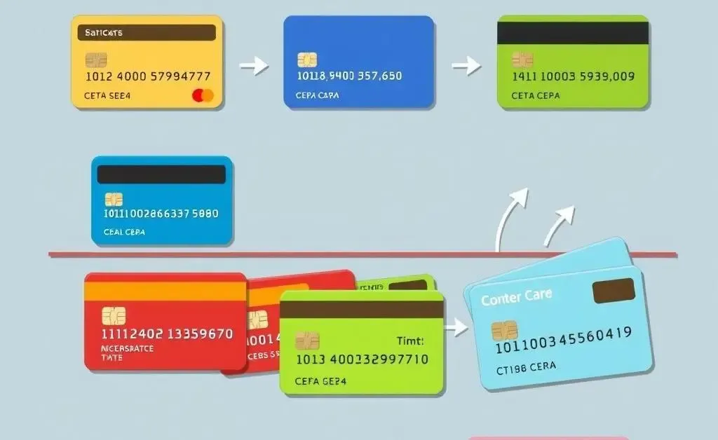 A cartoon timeline of credit cards showing number placement evolution