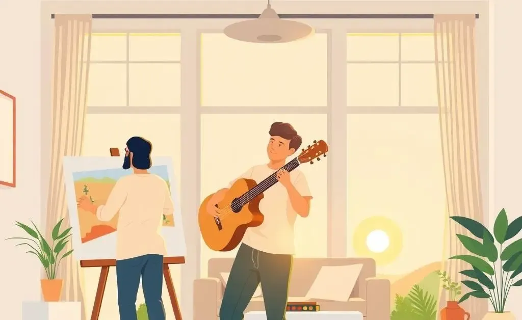 Illustration of a person engaging in various hobbies, depicting a balanced life