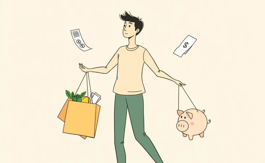 A cartoon of a person juggling financial symbols and hobbies.