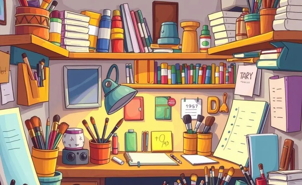 Worktable filled with art supplies and writing materials for hobbies