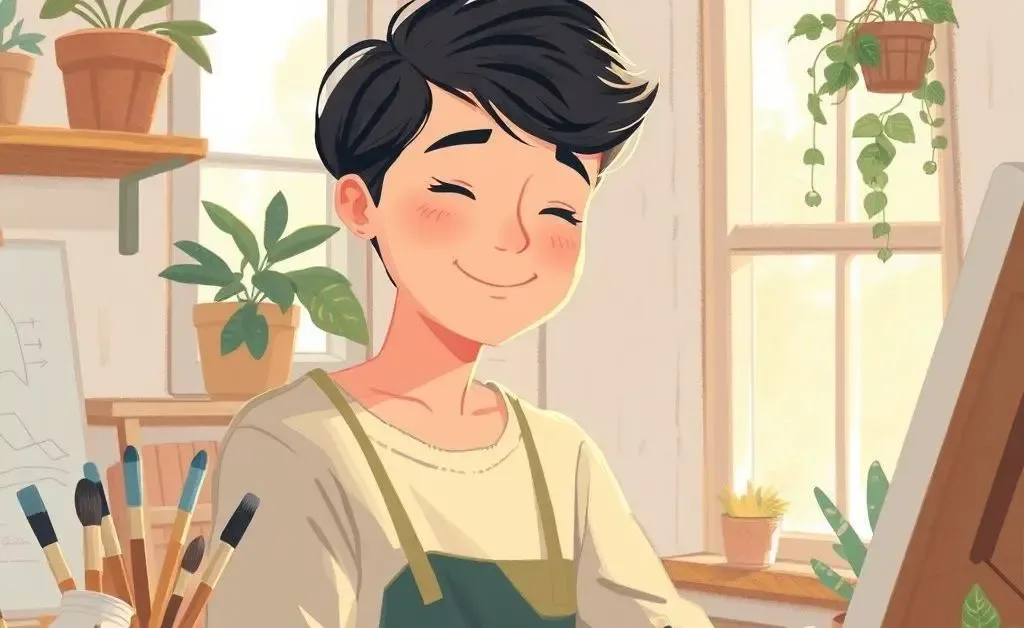 An illustration showing a person enjoying a hobby, such as painting, with a relaxed expression