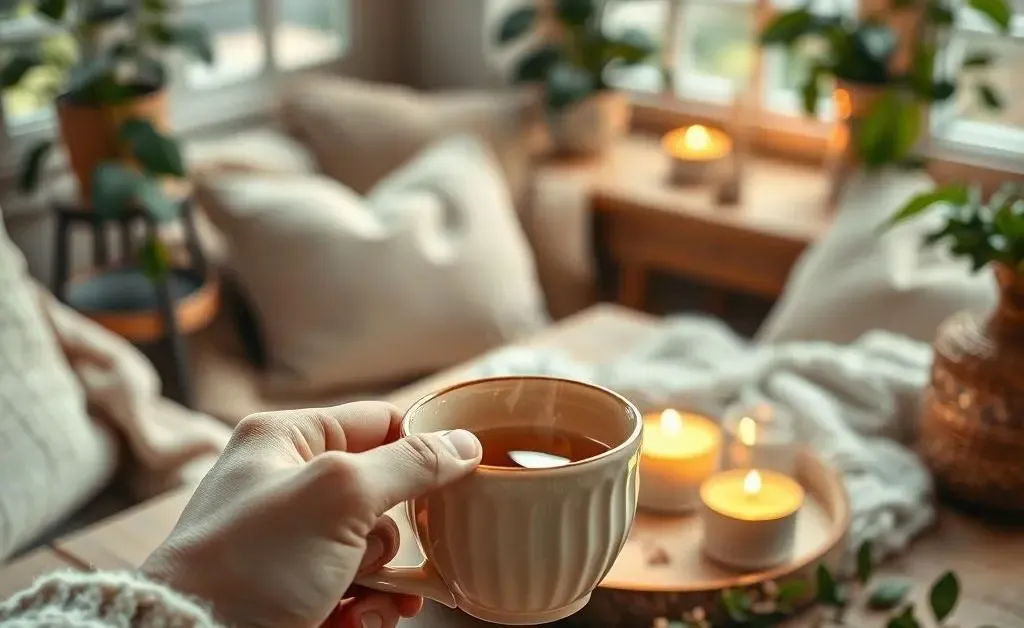 Person holding a cup of tea in a cozy setting.