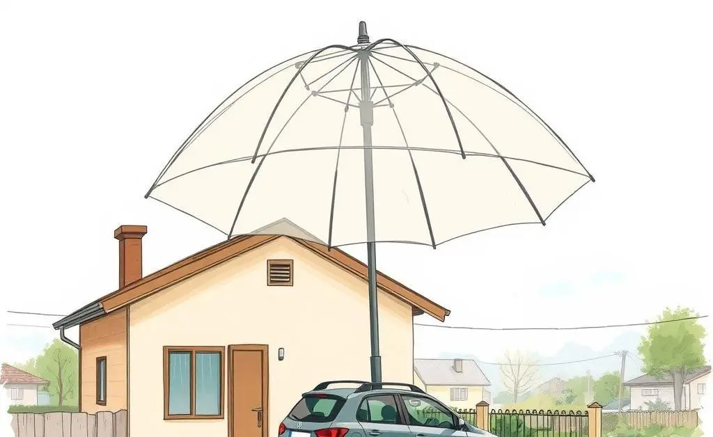 House and car under a protective umbrella representing coverage