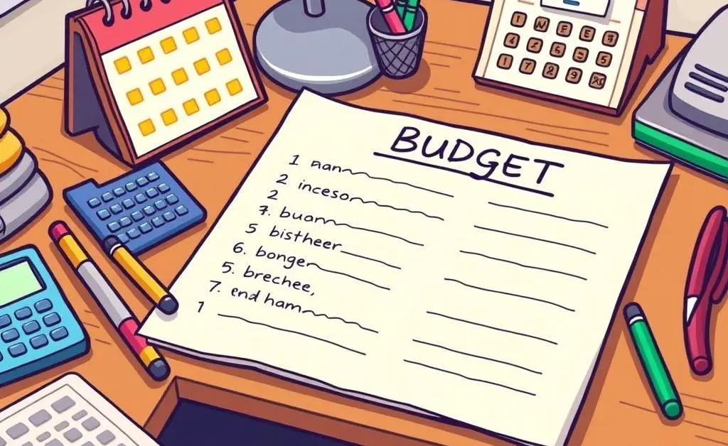 Handwritten bullet list of a home budget planner on a desk.