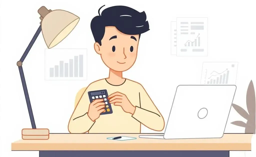 A minimalist cartoon depicting someone using a calculator and laptop, planning a home budget.