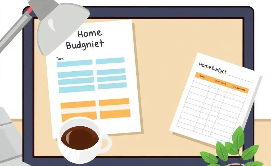 Desk with home budget planner, calculator, coffee, and a small plant
