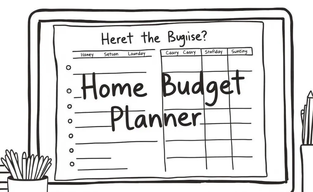 A hand-drawn guide to setting up a home budget planner on a desk.
