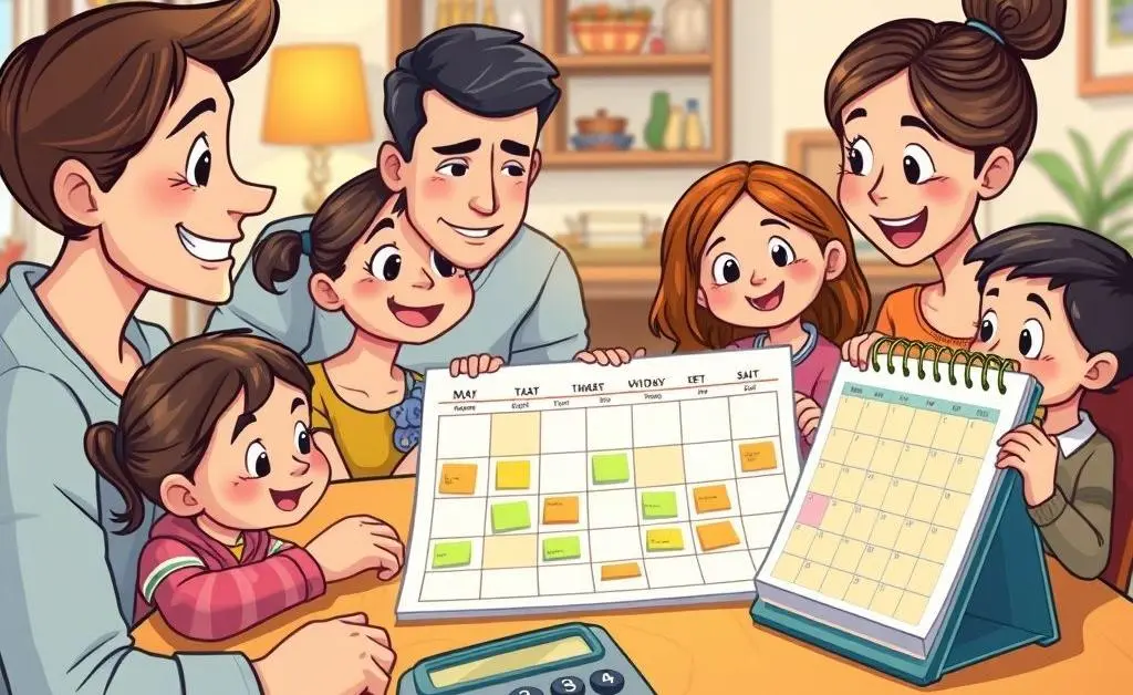 Family planning a budget with a calendar and calculator