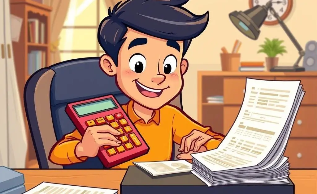 A cartoon-style image of a person using a calculator at a desk with mortgage documents.