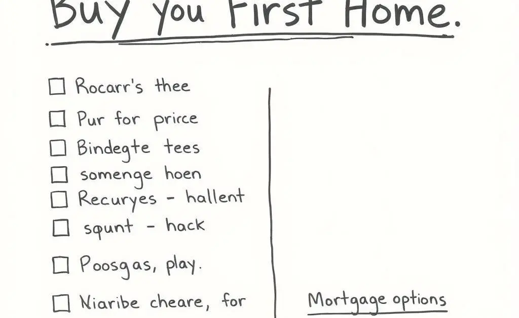 A hand-drawn checklist with items related to buying a first home, including budget, location, and mortgage options.