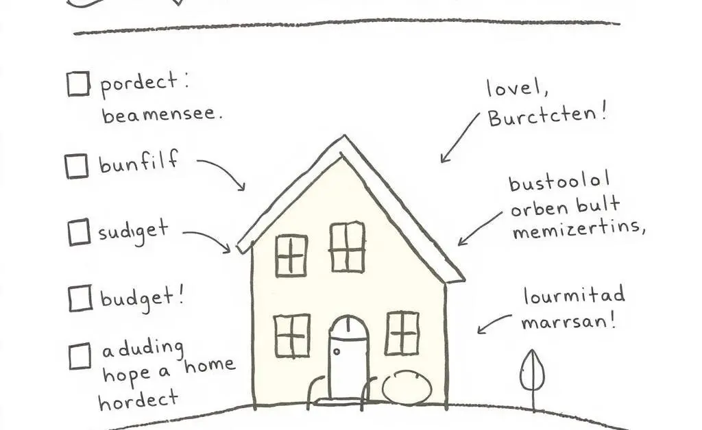 A hand-drawn checklist for buying a home, including key factors like budget, location, and lifestyle