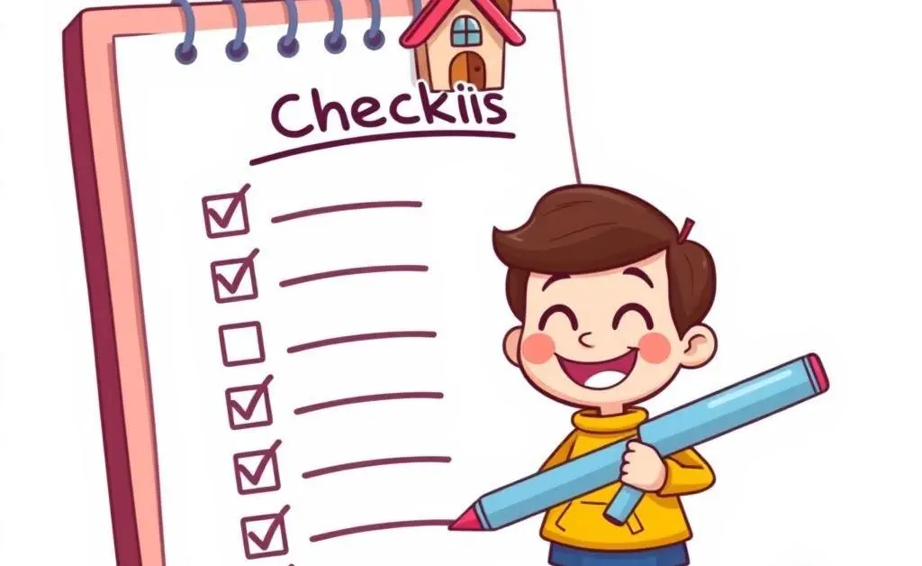 Checklist with a house, tick boxes, and a character holding a pen