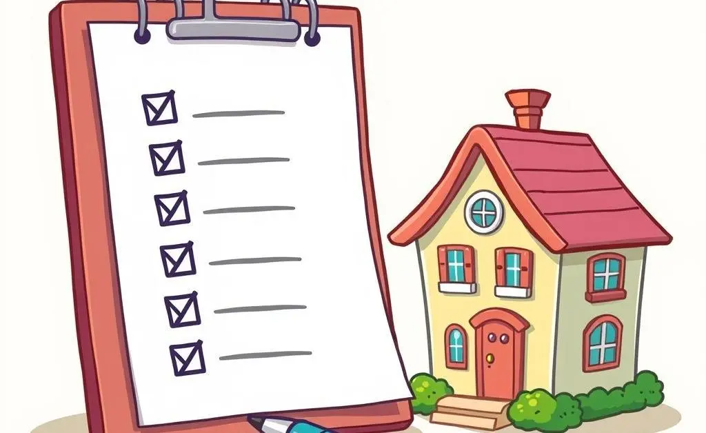 Cartoon-style image of a checklist with a pen and a small toy house