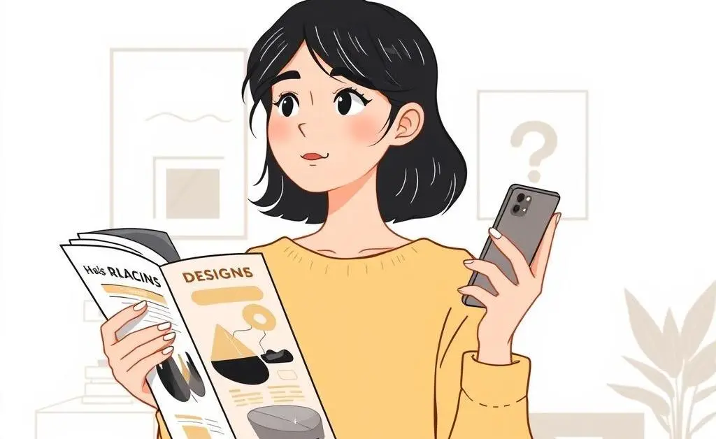 A person holding a magazine and a phone, pondering home design choices.