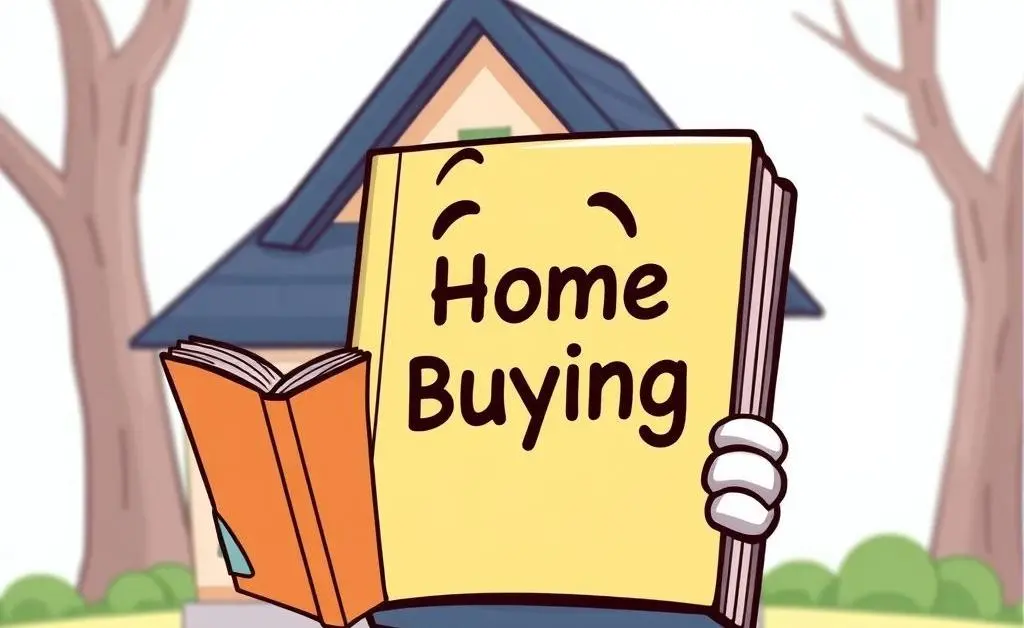 Cartoon-style guide book titled 'Home Buying' held by a friendly character.