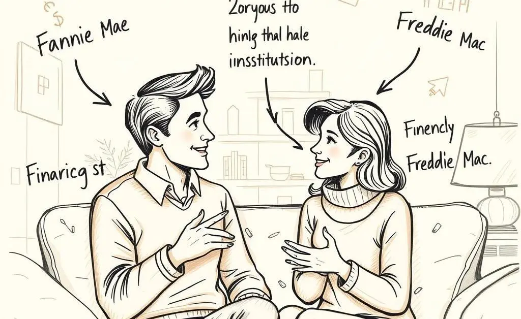 Illustration of a couple discussing home buying with references to Fannie Mae and Freddie Mac