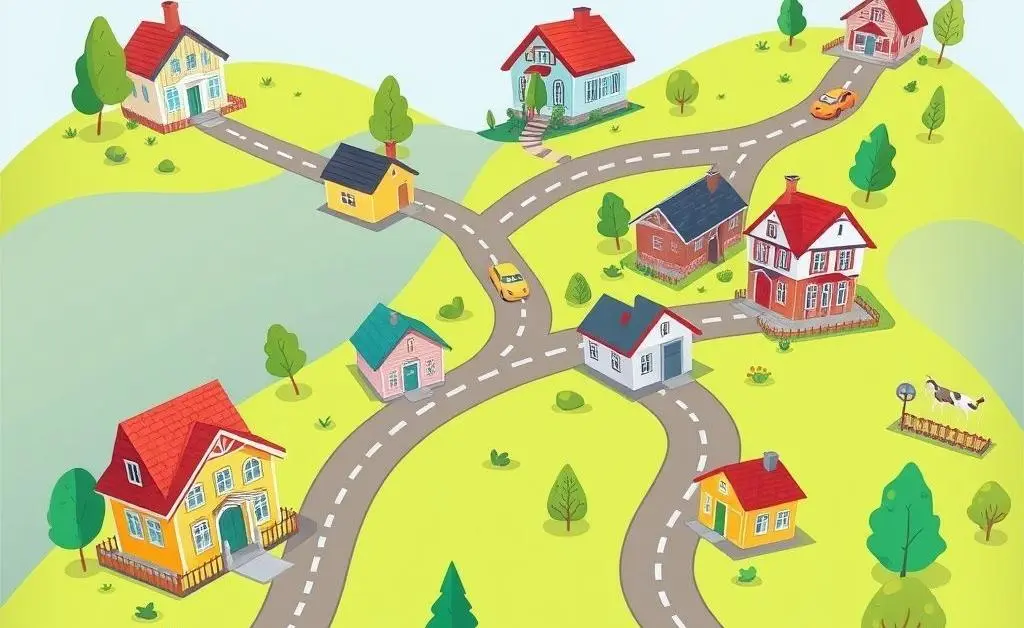 Cartoon-style representation of a road map with different house types marking the journey of home buying.