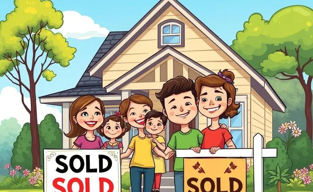 Cartoon of a family celebrating in front of their new Georgia home
