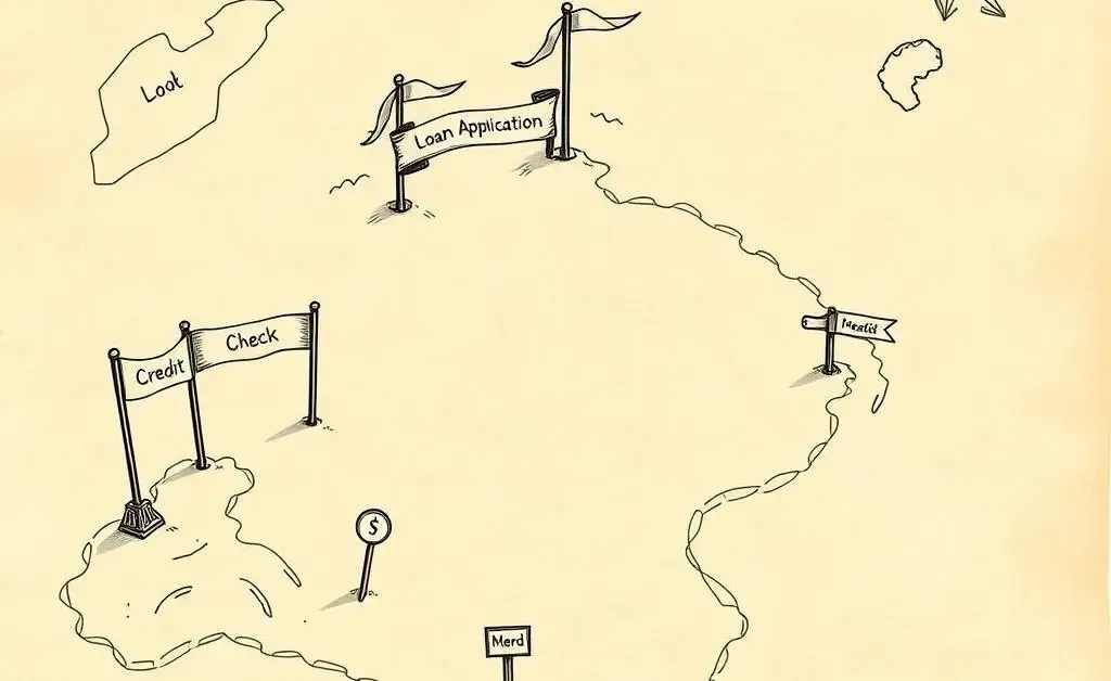 A hand-drawn map illustrating a winding path with markers like 'Loan Application' and 'Credit Check'.