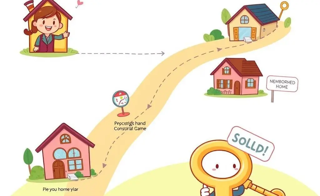 Cartoon-style roadmap showing steps in the home buying process: advice, searching, purchase