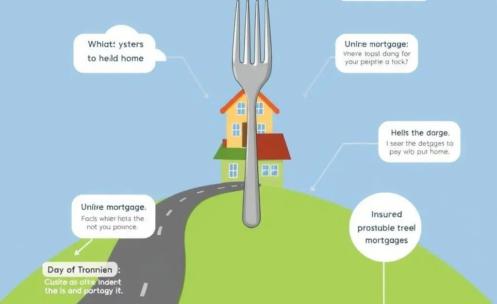 Cartoon-style roadmap showing steps of buying a home, ending with a fork for insured and uninsured mortgages.