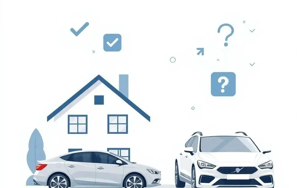 A clean, modern image showing a house and car with decision-making icons above them.
