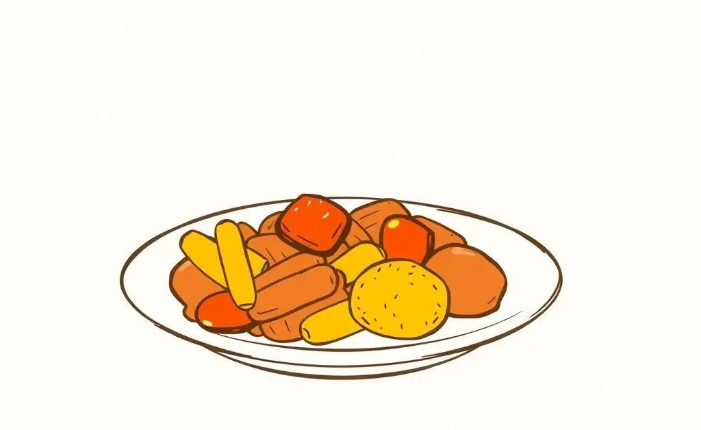 A minimalist hand-drawn dinner plate with a home-cooked meal