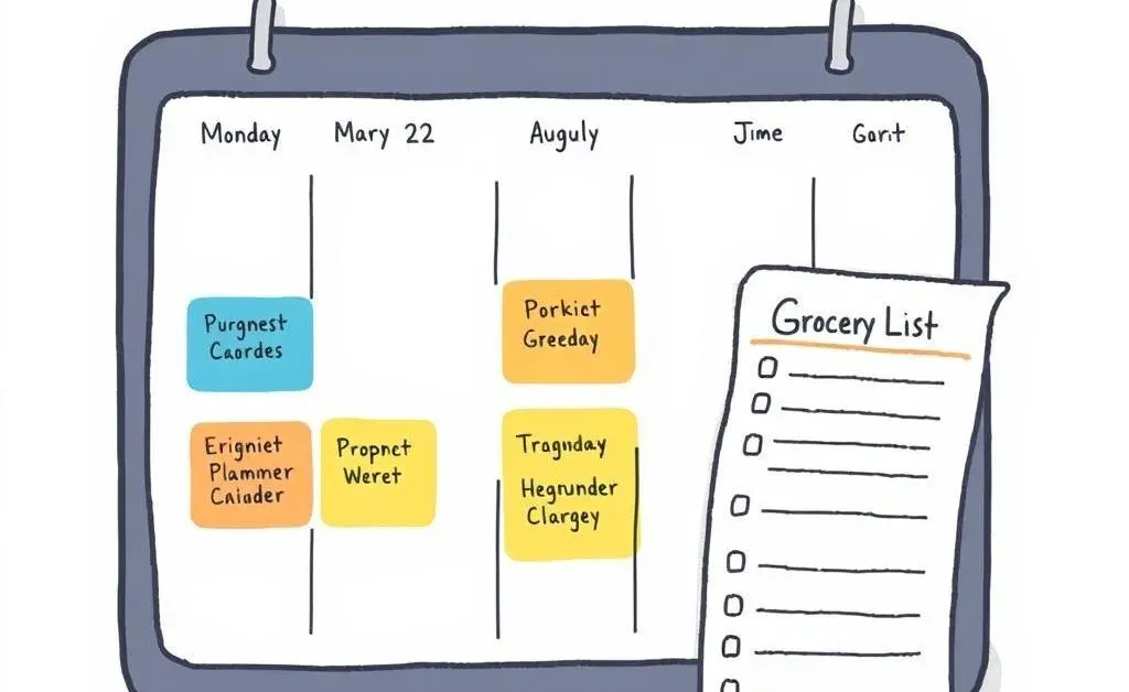 Calendar with meal planning notes and a grocery list