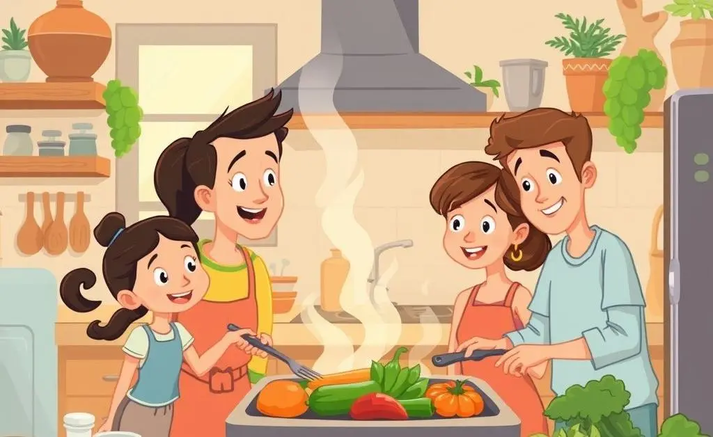Family cooking together in a cozy kitchen
