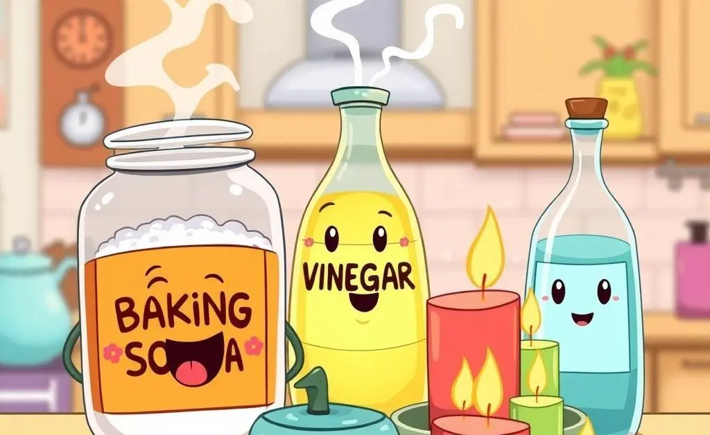 An assortment of home deodorizing tools such as baking soda, vinegar, and scented candles in cartoon style.